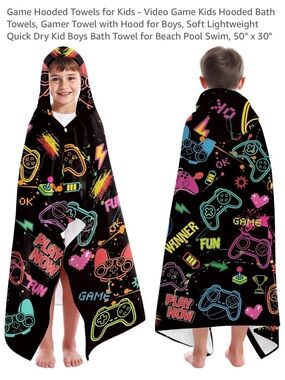 Kids Video Game Hooded Towel - Black Neon Gaming Print -Facsimile colors